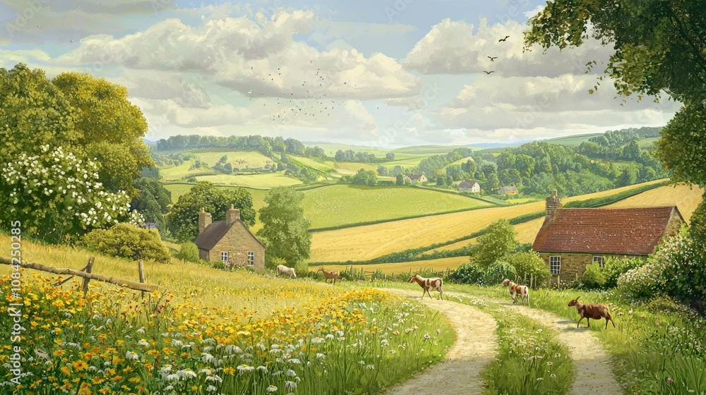 Poster a scene of animals crossing a meadow path, with rolling hills and cottages in the background.