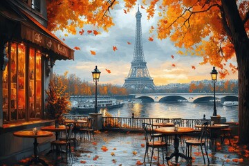 Romantic Paris Autumn Scene - Rainy Evening at Eiffel Tower Cafe with Fall Foliage and Golden Sunset Cityscape Painting