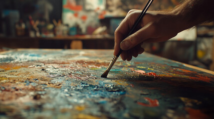Obraz premium close-up of artist hand with brush and paint