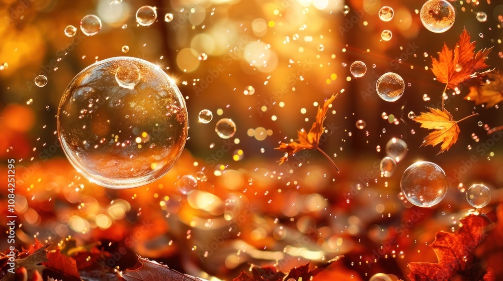 Poster sparkling soap bubbles floating through the air with autumn leaves in the background.
