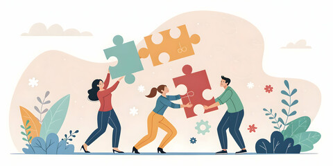 Fototapeta premium Soft abstract background with team members connecting puzzle pieces copy space below. concept as Team members connecting puzzle pieces on a soft abstract background representing unity and collaborativ