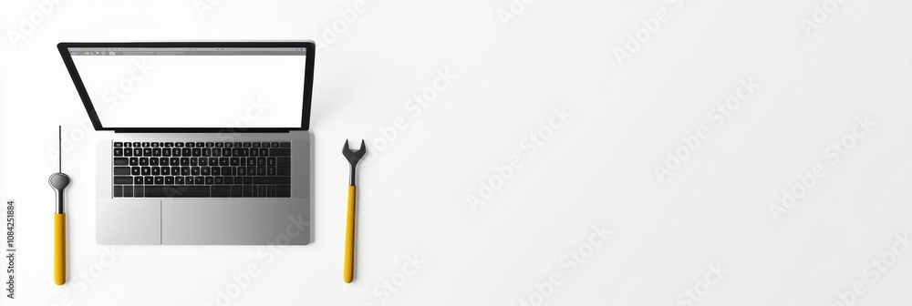 Poster a laptop with a blank screen sits next to a yellow-handled screwdriver and a wrench, suggesting prep