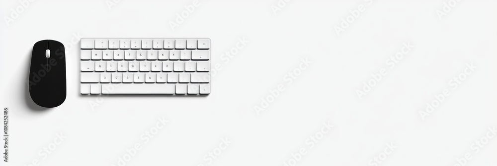 Poster a black mouse sits next to a white keyboard on a bright white surface, ideal for a modern digital wo