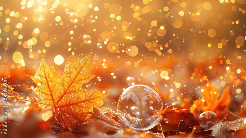 Poster a close-up of a soap bubble resting on a bed of autumn leaves with bokeh lights in the background.