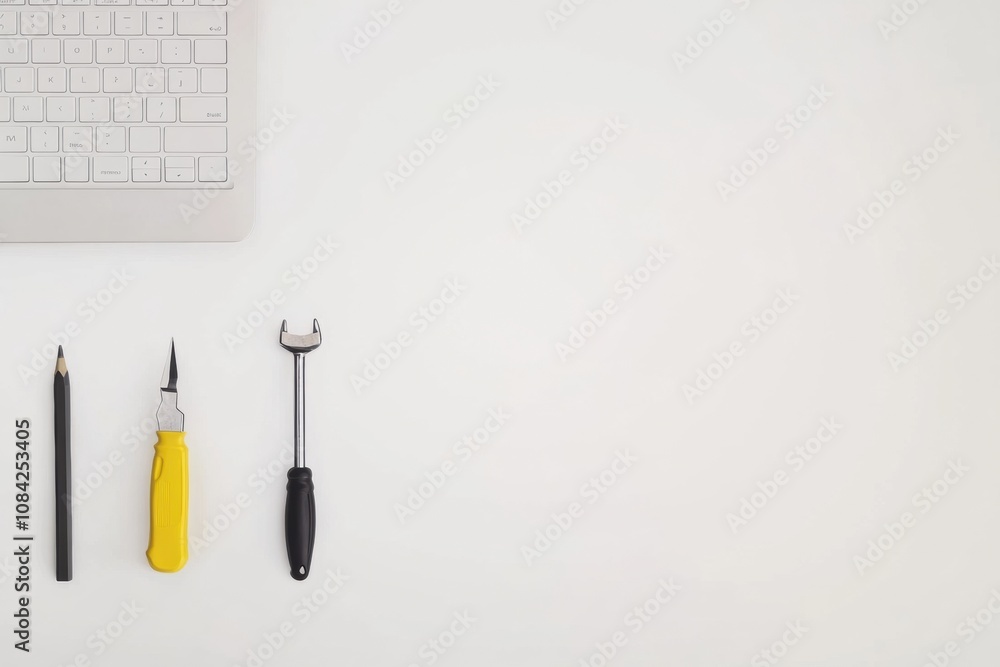 Poster A computer keyboard sits next to a variety of tools, including a screwdriver and pliers, arranged carefully on a well-lit desk. Generative AI