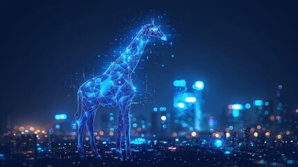 A digital rendering of a giraffe made of blue glowing polygons and lines stands against a backdrop of a city skyline with twinkling lights.