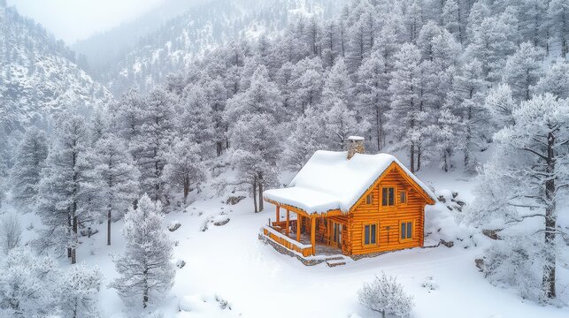 charming wooden cabin nestled in a snowy landscape, surrounded by towering trees, creating a cozy and inviting scene perfect for winter escapades and holiday retreats