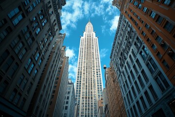 Fototapeta premium Modern Skyscraper Contrasting Facades in Blue Sky