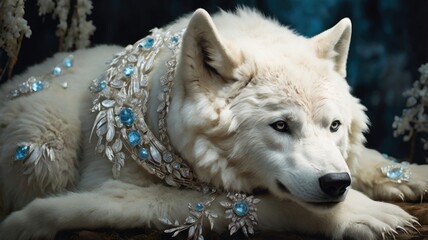 Obraz premium A white wolf with blue eyes adorned with a jeweled collar and other jewelry, lying on a dark background.