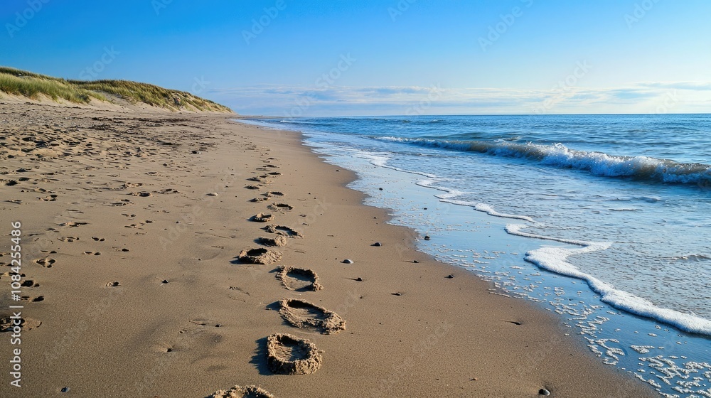 Poster a sandy beach with animal tracks leading to the ocean, showing where a creature has walked.