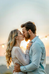 Obraz premium Portrait of couple sharing a romantic kiss at sunset celebration copy space above. concept as A romantic portrait of a couple sharing a kiss at sunset during a celebration symbolizing love and unity i
