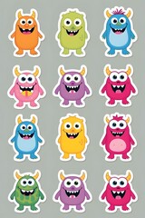 Obraz premium A Collection of Twelve Adorable Cartoon Monsters: Vibrant Colors, Playful Expressions, and Cheerful Designs Perfect for Kids' Stickers, Printables, or Digital Illustrations.