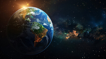 Obraz premium A high-resolution 3D render of the Earth, featuring the Himalayan mountains and East Asia, with a colorful nebula and stars in the cosmic background