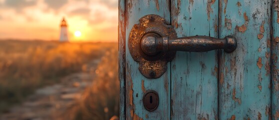 An old door with a rusty handle opens to a sunset view of a lighthouse in a grassy field.