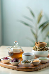 Fototapeta premium Plain background with arranged herbal infusions and tea sets copy space above. concept as Minimalist plain background showcasing neatly arranged herbal infusions and elegant tea sets representing heal