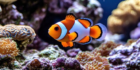 A vibrant clownfish swimming among coral in a colorful underwater environment.