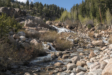Alluvial Fan cascade of water flowing down through a boulder field. Pine and aspen mixed forest. Sediment surrounding the Alluvial Fan are remnants of the  destructive flood. Rocky Mountains, Colorado