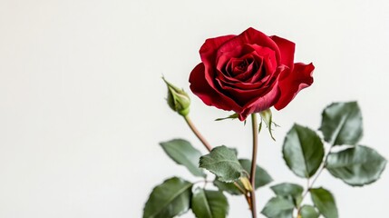 Fototapeta premium Detailed image of a red rose in full bloom, featuring a short stem and several green leaves, set against a crisp white background