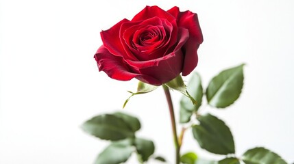Detailed image of a red rose in full bloom, featuring a short stem and several green leaves, set against a crisp white background