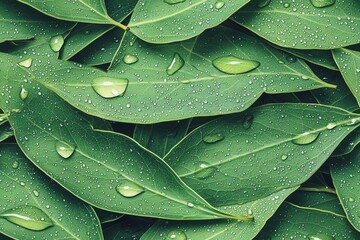 Fototapeta premium seamless of Background/Texture made of green eucalyptus leaves with raindrop, dew. Flat lay, top view , isolated on white background, , copy space, copy space for text,