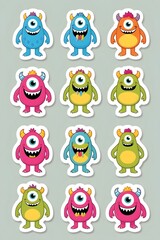 Fototapeta premium A Collection of Twelve Adorable One-Eyed Cartoon Monsters with Vibrant Colors and Playful Expressions: Perfect for Kids' Stickers, Party Supplies, or Digital Designs