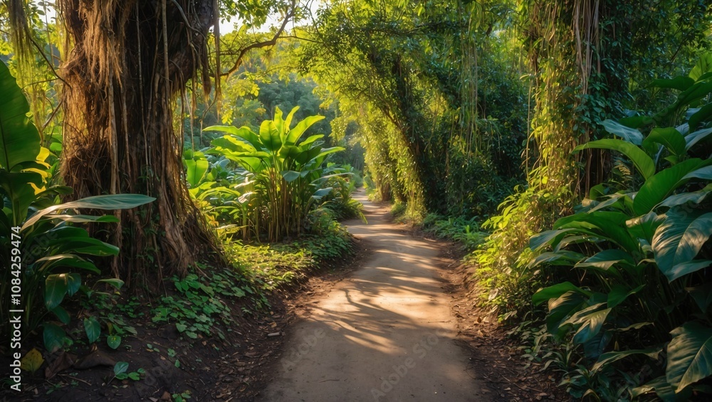 Poster serene overgrown pathway through lush amazonian jungle illuminated by dappled sunlight filtering thr
