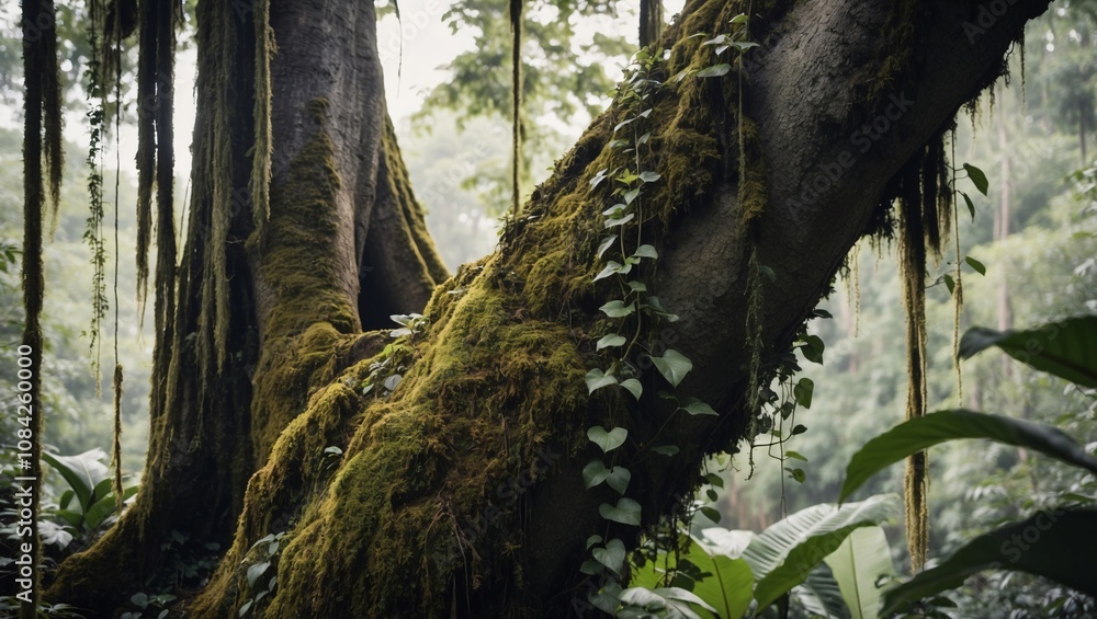Poster lush moss-covered tree trunk surrounded by vines in the enchanting amazon rainforest with serene gre