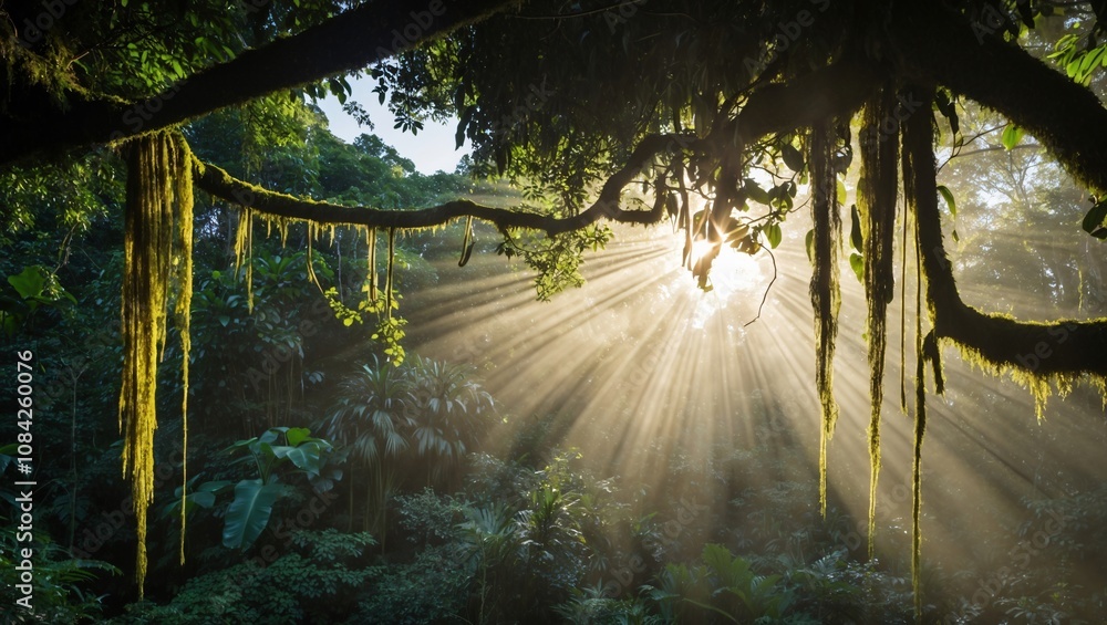 Aufkleber sunlight breaking through the dense amazon canopy, illuminating the lush greenery and creating a mys