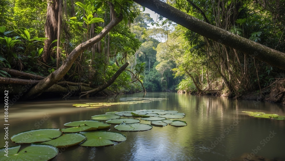 Poster serene quiet scene at amazon creek with lily pads under the overhanging branches surrounded by lush 