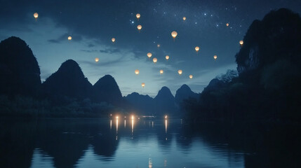 Naklejka premium Numerous sky lanterns ascend into the night sky above a serene river