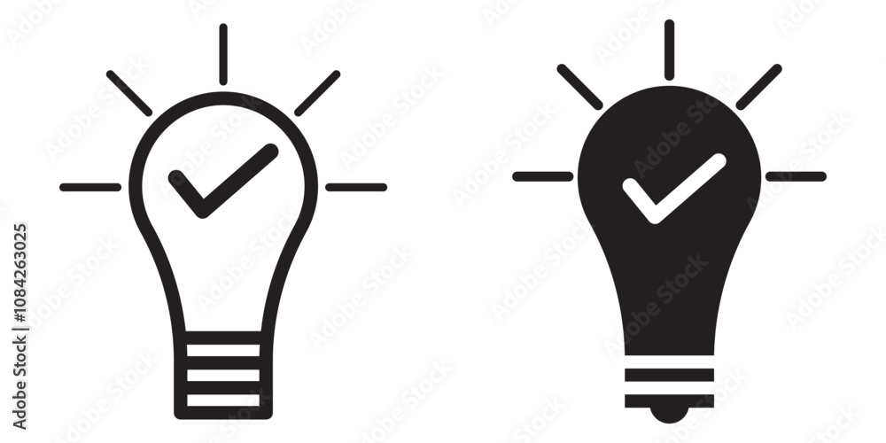 Poster black bulb with checkmark like quick tip icon set, flat stroke linear simple trend modern efficiency