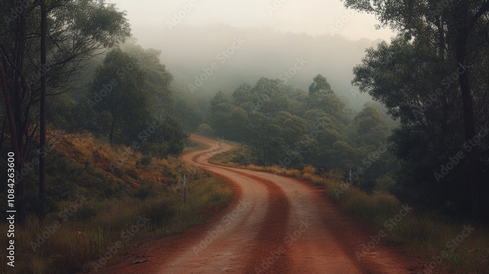 Poster a road with trees in the background and a foggy atmosphere