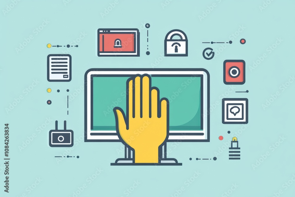 Aufkleber A hand icon approaches a computer screen showing symbols for settings and security, highlighting digital interaction and technology use. Generative AI