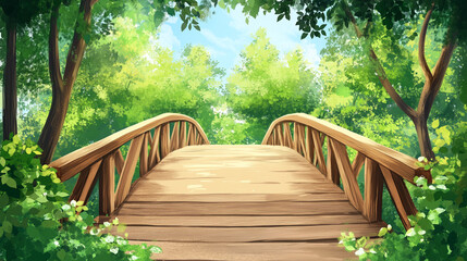 Fototapeta premium Wooden bridge surrounded by lush greenery in a serene forest during daylight