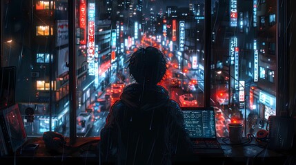 Obraz premium A young person coding in the office in front of a laptop, looking down onto the city at night, illustration, anime style, comic style, minimalistic color palette