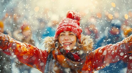 A young woman on a German Christmas market celebrating Christmas, winter time, snow, snowing