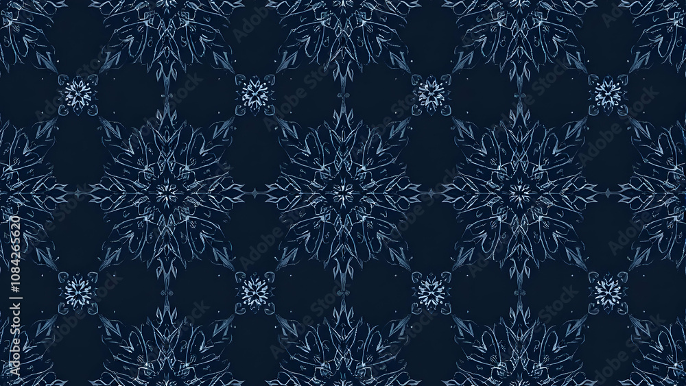 Poster a seamless pattern of stylized snowflakes in shades of blue. the design features intricate details a