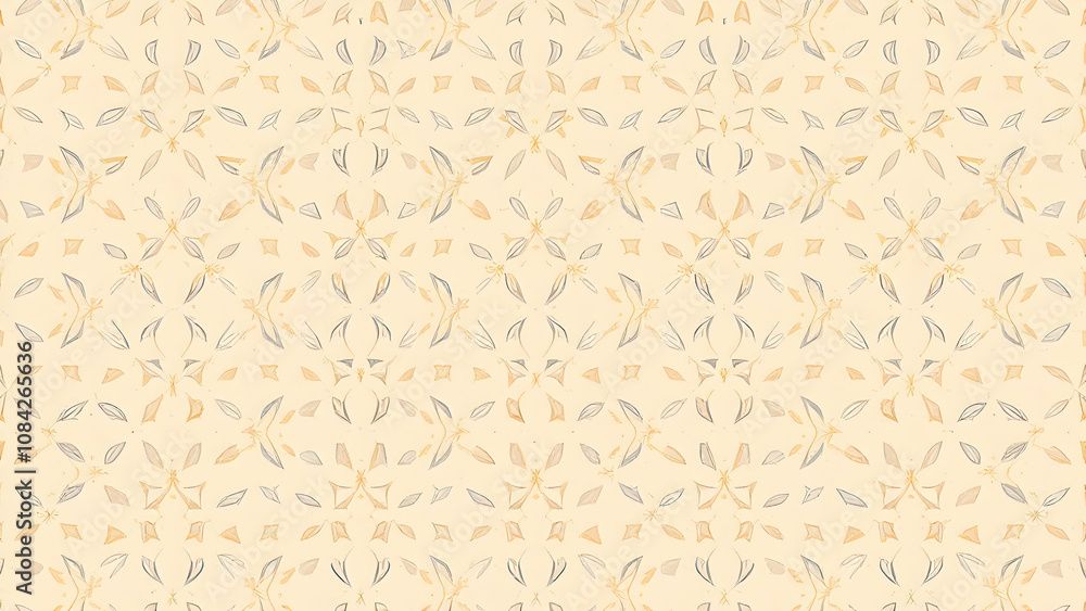 Poster a repeating pattern of beige and gray floral shapes on a pale yellow background. the design is symme