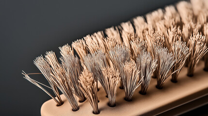 Close-up of natural bristle brush with densely packed fibers on a wooden base against a neutral background