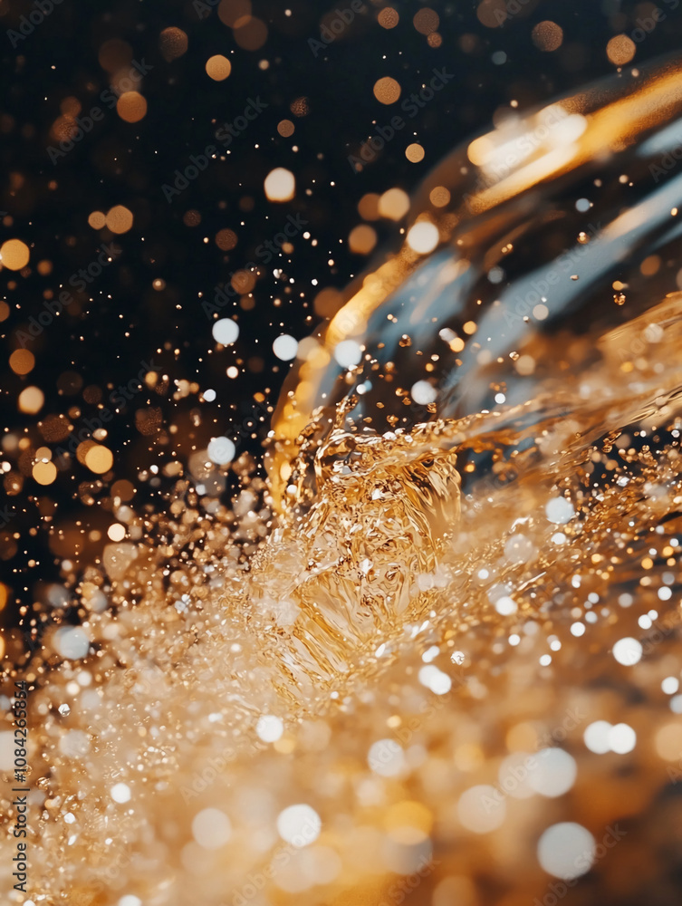 Poster A close-up view of water cascading, illuminated to showcase the gold-toned droplets and resulting bokeh effect