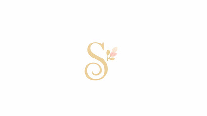 Obraz premium A sophisticated logo featuring a cursive golden S adorned with delicate pastel pink and beige floral elements on a white background.