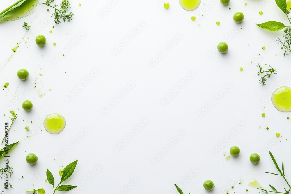 Poster bright green peas and green juice droplets are artfully arranged on a white background, creating a f