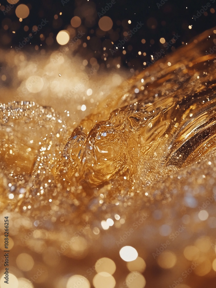 Poster Amber liquid flows, creating a dynamic texture with glittering highlights and splashes