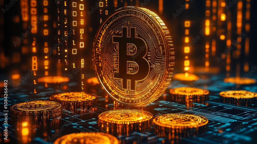 Poster golden cryptocurrency coin with digital binary code and blockchain technology concept