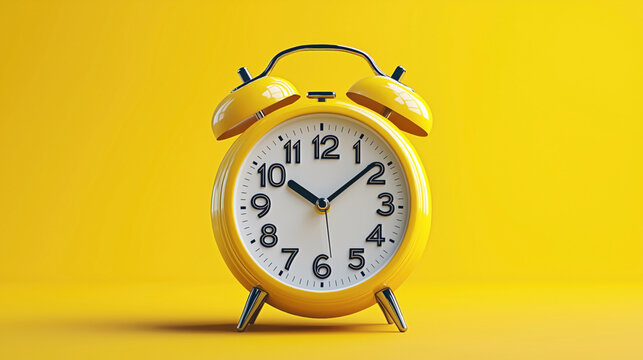 Yellow vintage-style alarm clock with two bells on a vibrant yellow background. The clock is showing 10:10 and has a classic analog design with black numerals and hands.