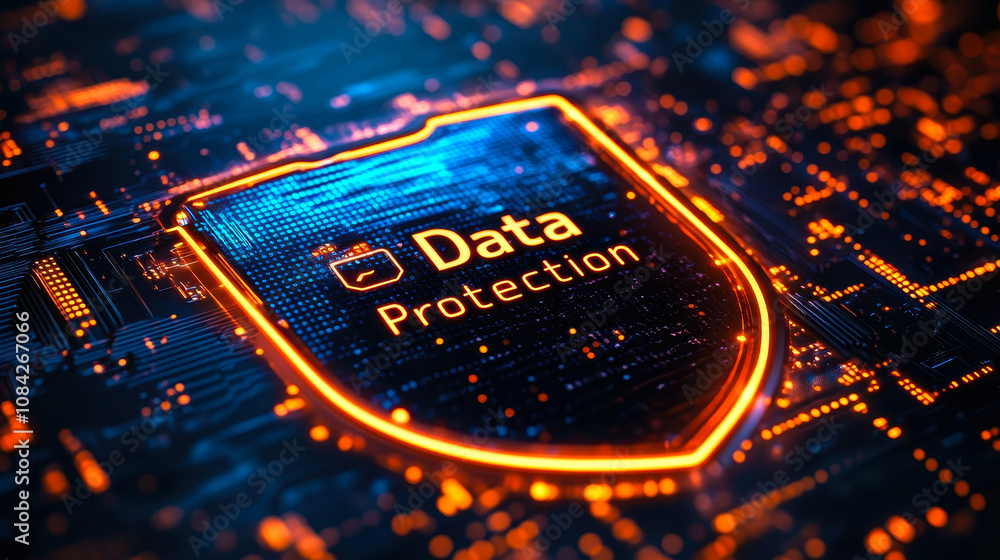 Poster cyber shield emblem with data protection text on high-tech banner design