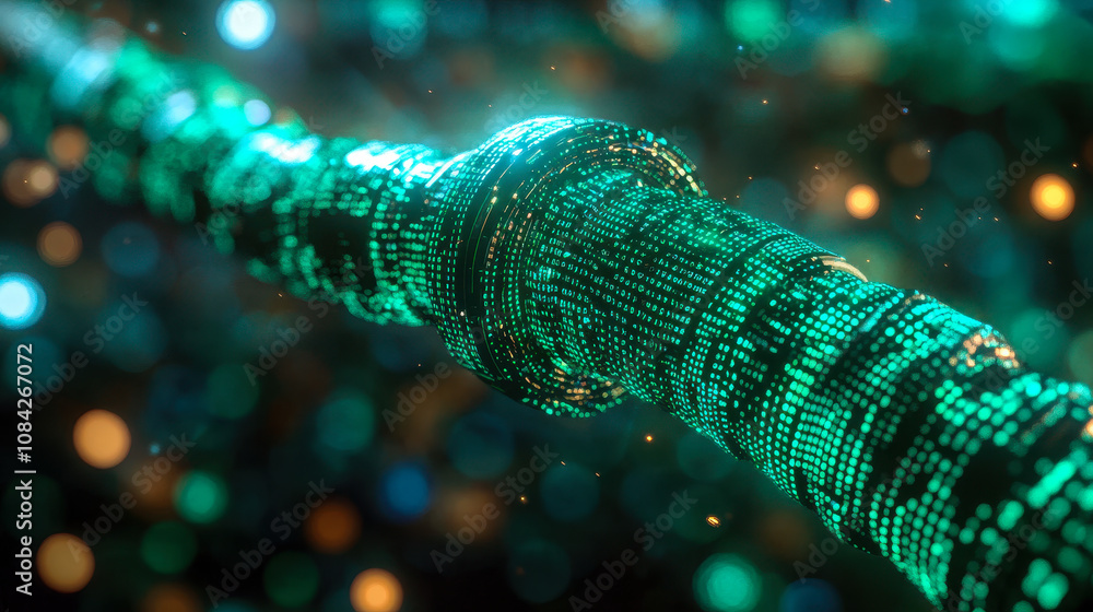 Poster digital cable emerging from glowing green binary matrix in futuristic cyber world
