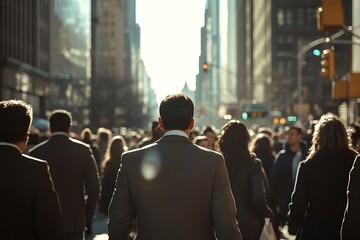 Fototapeta premium Silhouette of Man in Suit Walking Through Busy City Street