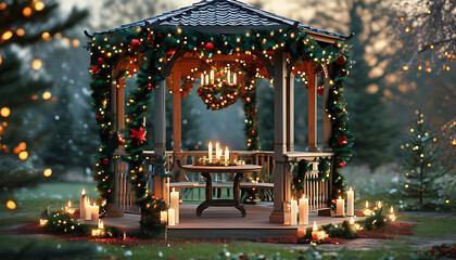 Fototapeta premium Romantic garden gazebo adorned with festive lights and decorations, creating cozy atmosphere