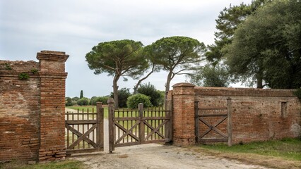 Naklejka premium Old brick wall with wooden gates and trees in the background, landscape, scenery, rural, brick, trees